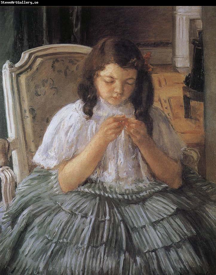 Mary Cassatt The girl is sewing in green dress